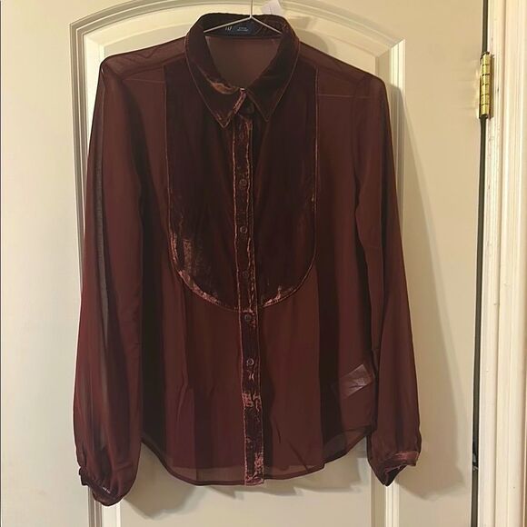 New with TAGS - GAP burgundy, sheer and velvet Sleeve Button Down Blouse - Picture 1 of 3